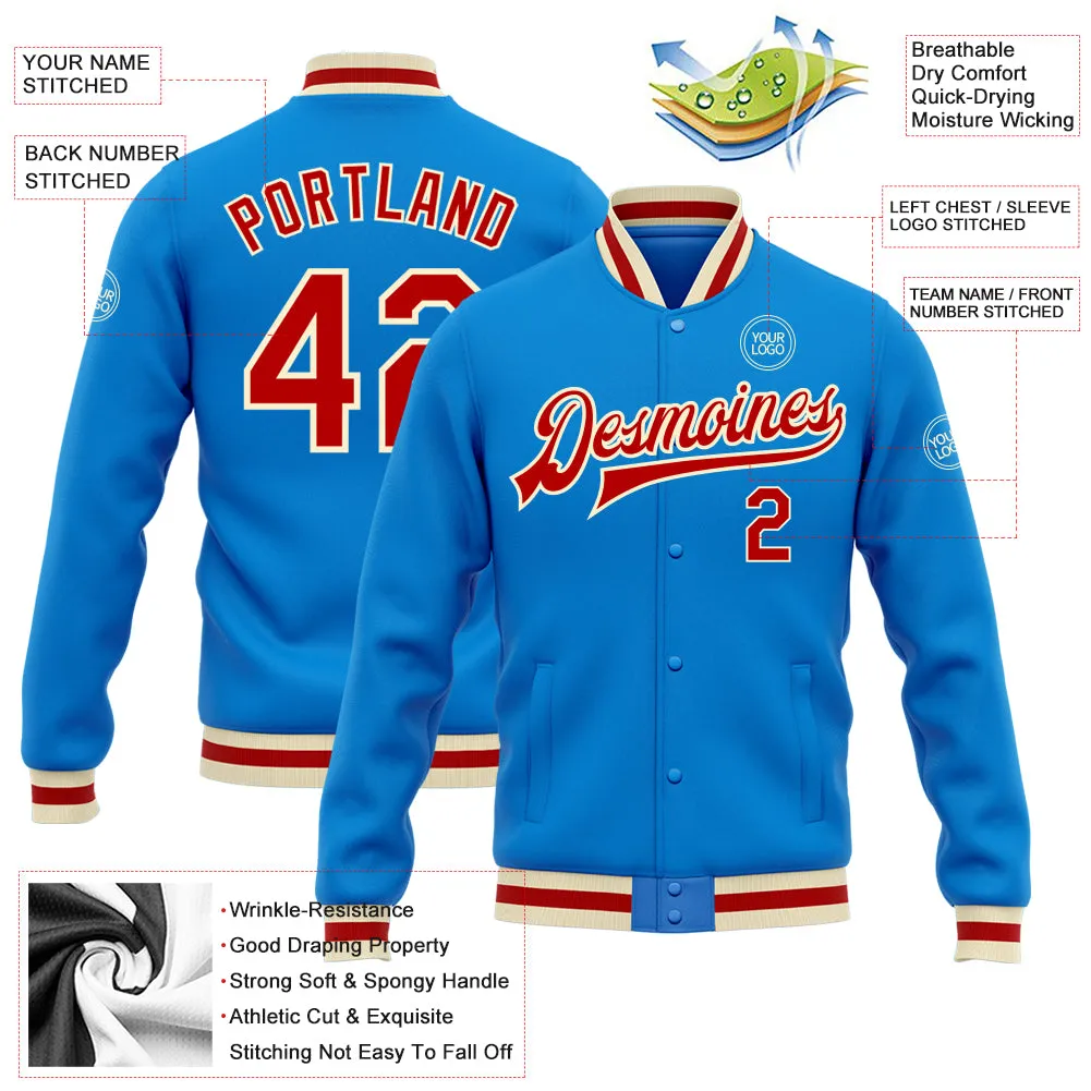 Custom Powder Blue Red-Cream Bomber Full-Snap Varsity Letterman Jacket