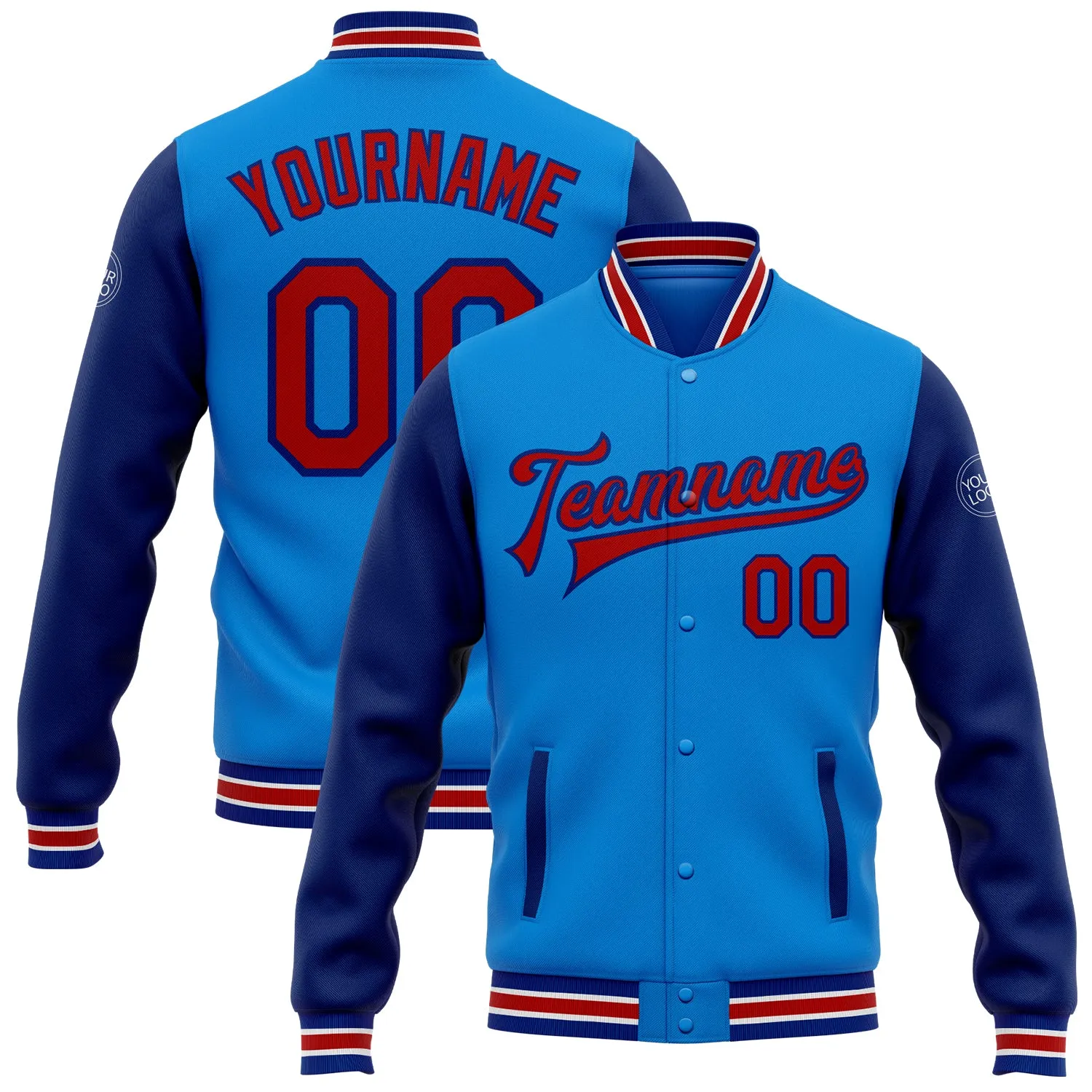 Custom Powder Blue Red-Royal Bomber Full-Snap Varsity Letterman Two Tone Jacket