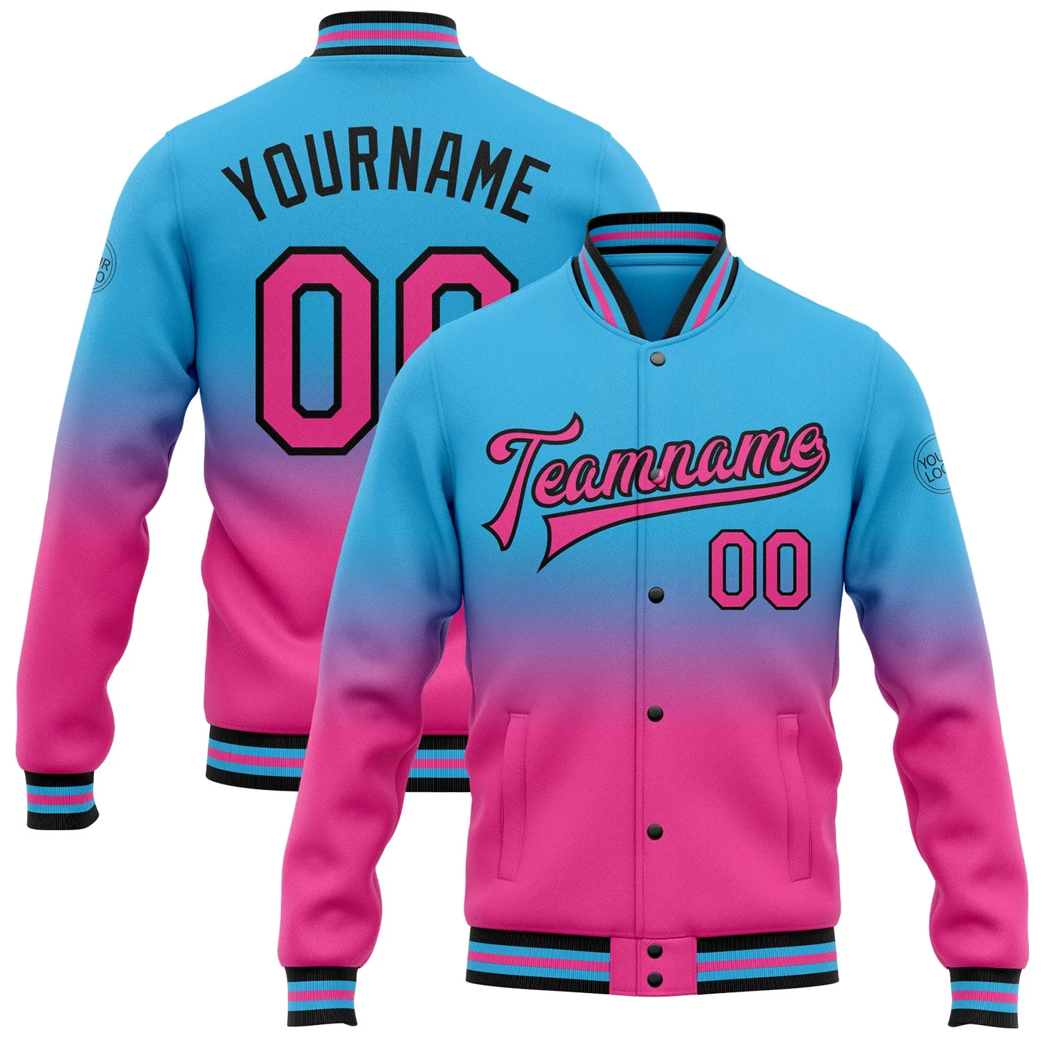 Custom Sky Blue Pink-Black Bomber Full-Snap Varsity Letterman Fade Fashion Jacket