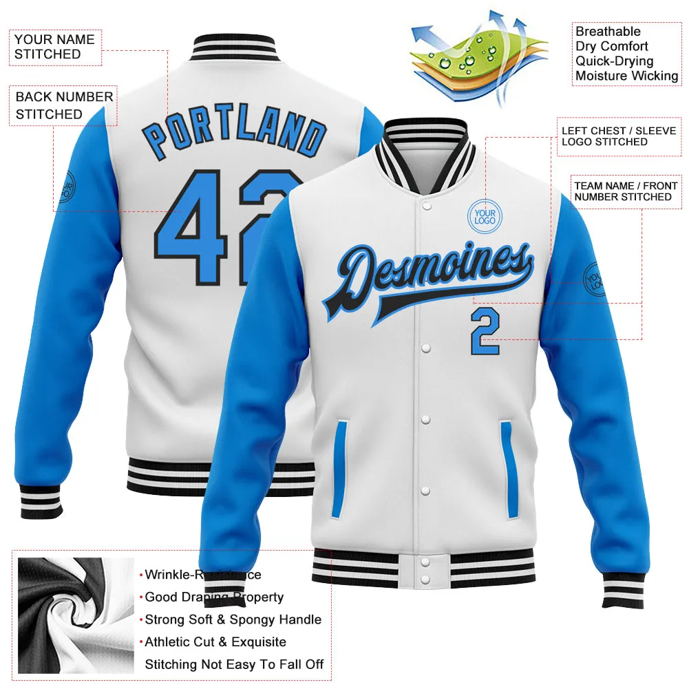 Custom White Powder Blue-Black Bomber Full-Snap Varsity Letterman Two Tone Jacket