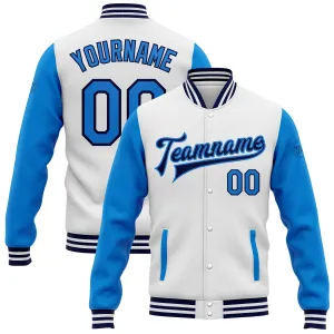 Custom White Powder Blue-Navy Bomber Full-Snap Varsity Letterman Two Tone Jacket