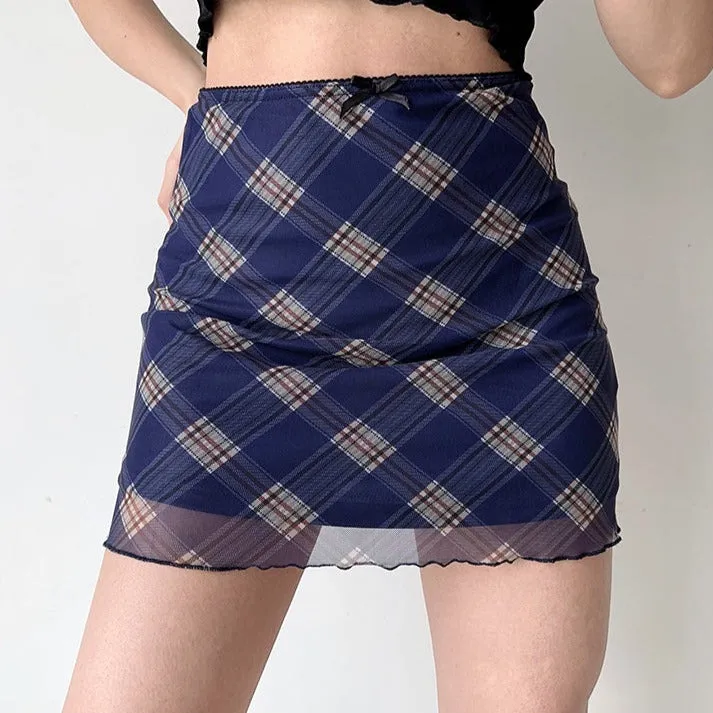 deanwangkt - Nostalgia Retro Plaid Mesh Skirt ~ HANDMADE