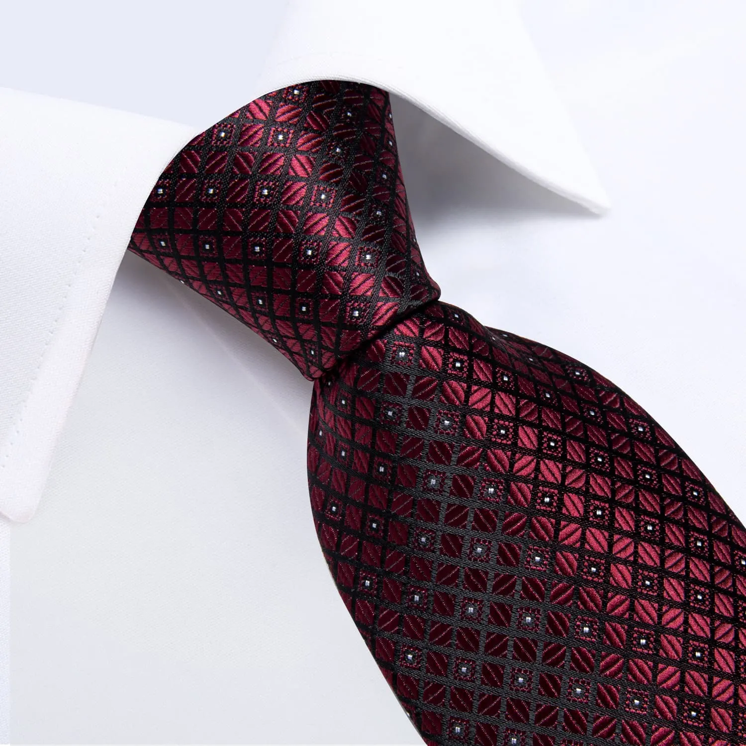 DiBanGu Dress Tie Burgundy Plaid Men's Silk Tie Pocket Square Cufflinks Set