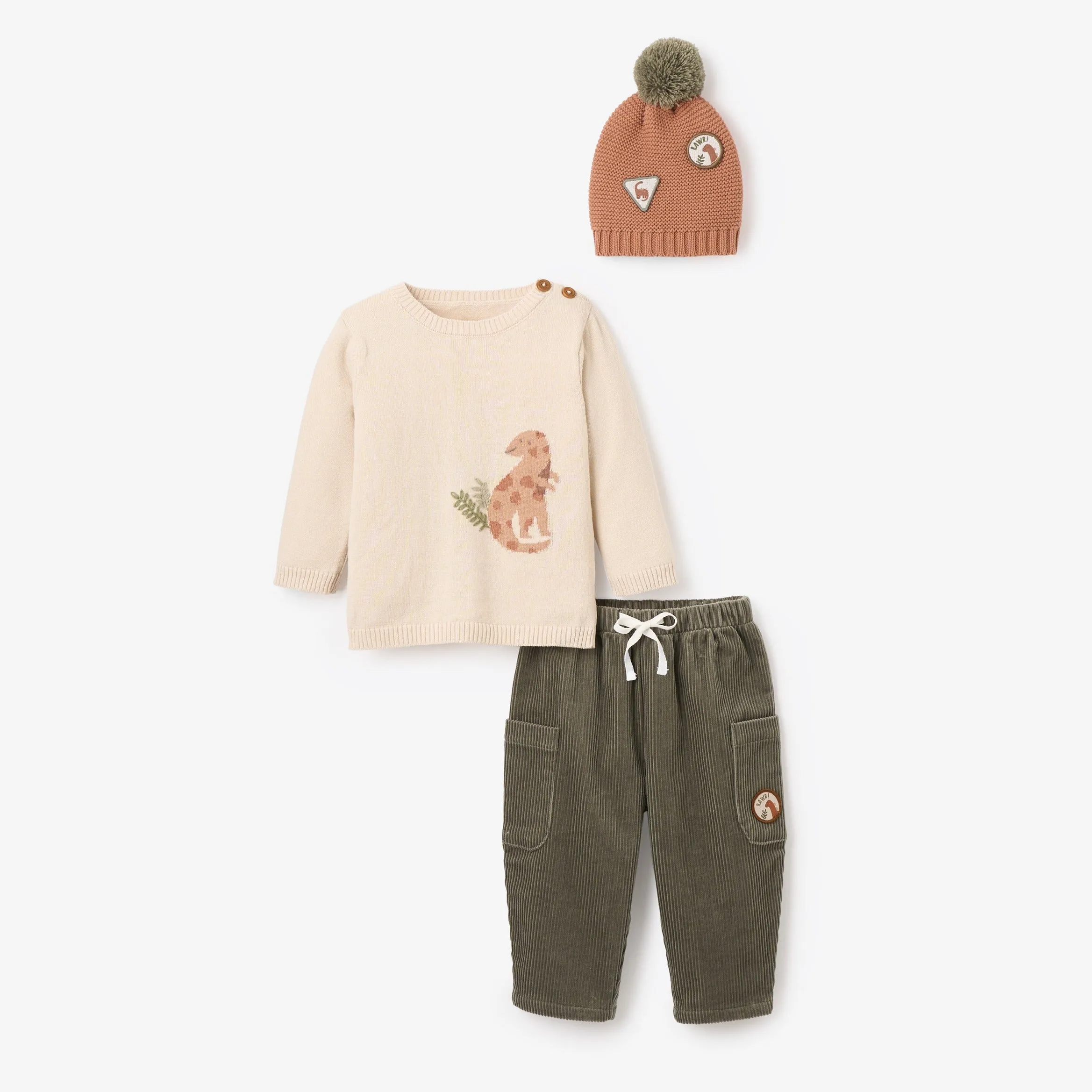 Dinosaur Sweater, Corduroy Pant, & Hat Set