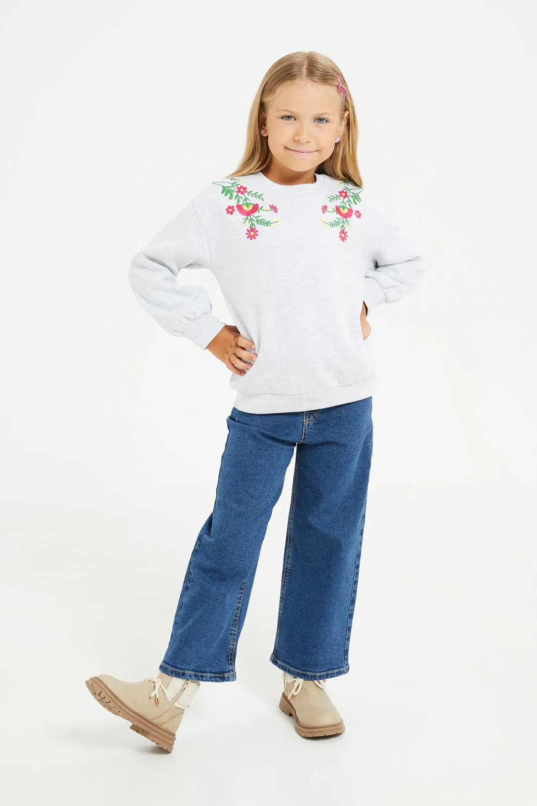 Girls Grey Embroidered Sweatshirt