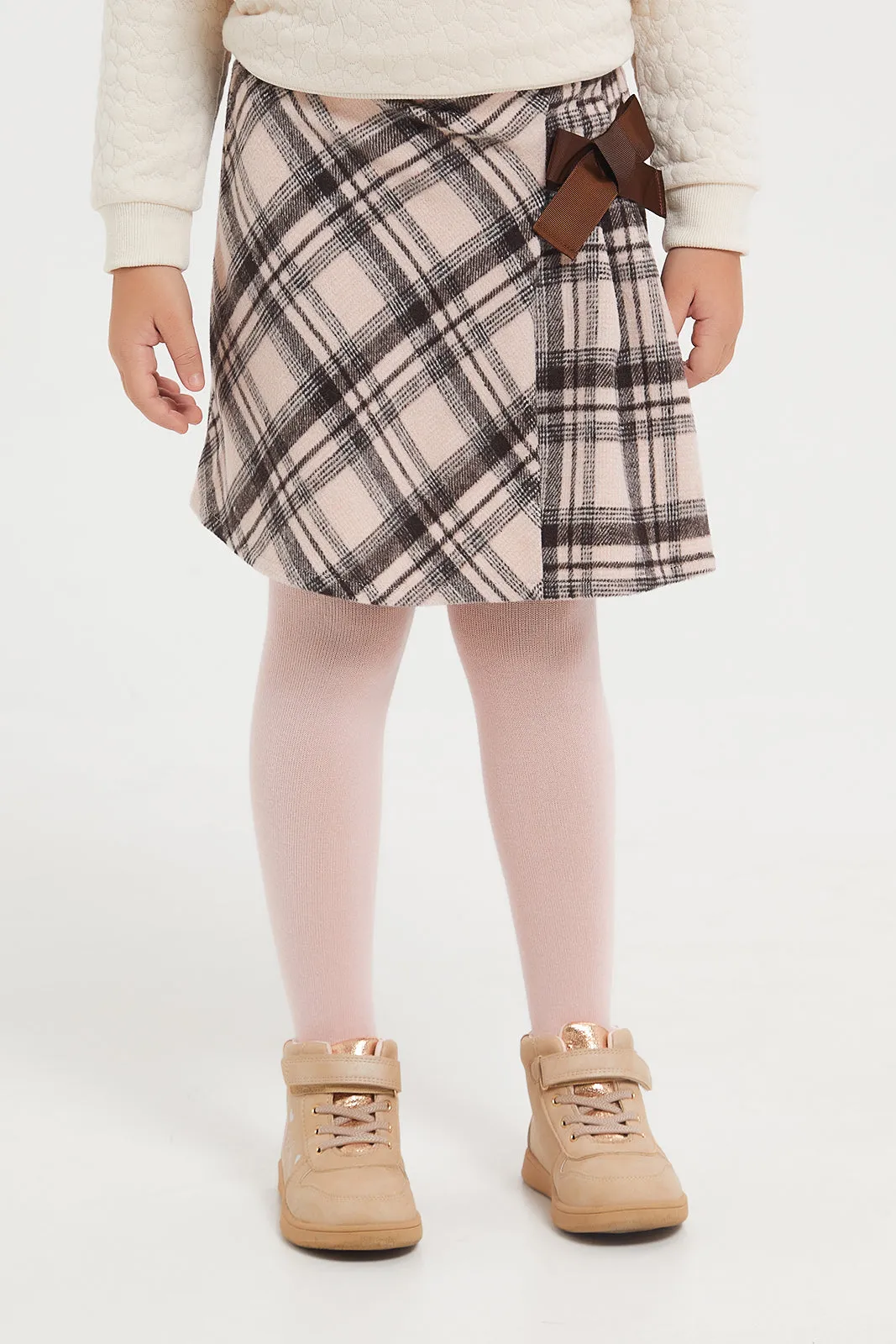 Girls Pink Checks Side Pleated Skirt With Stockings