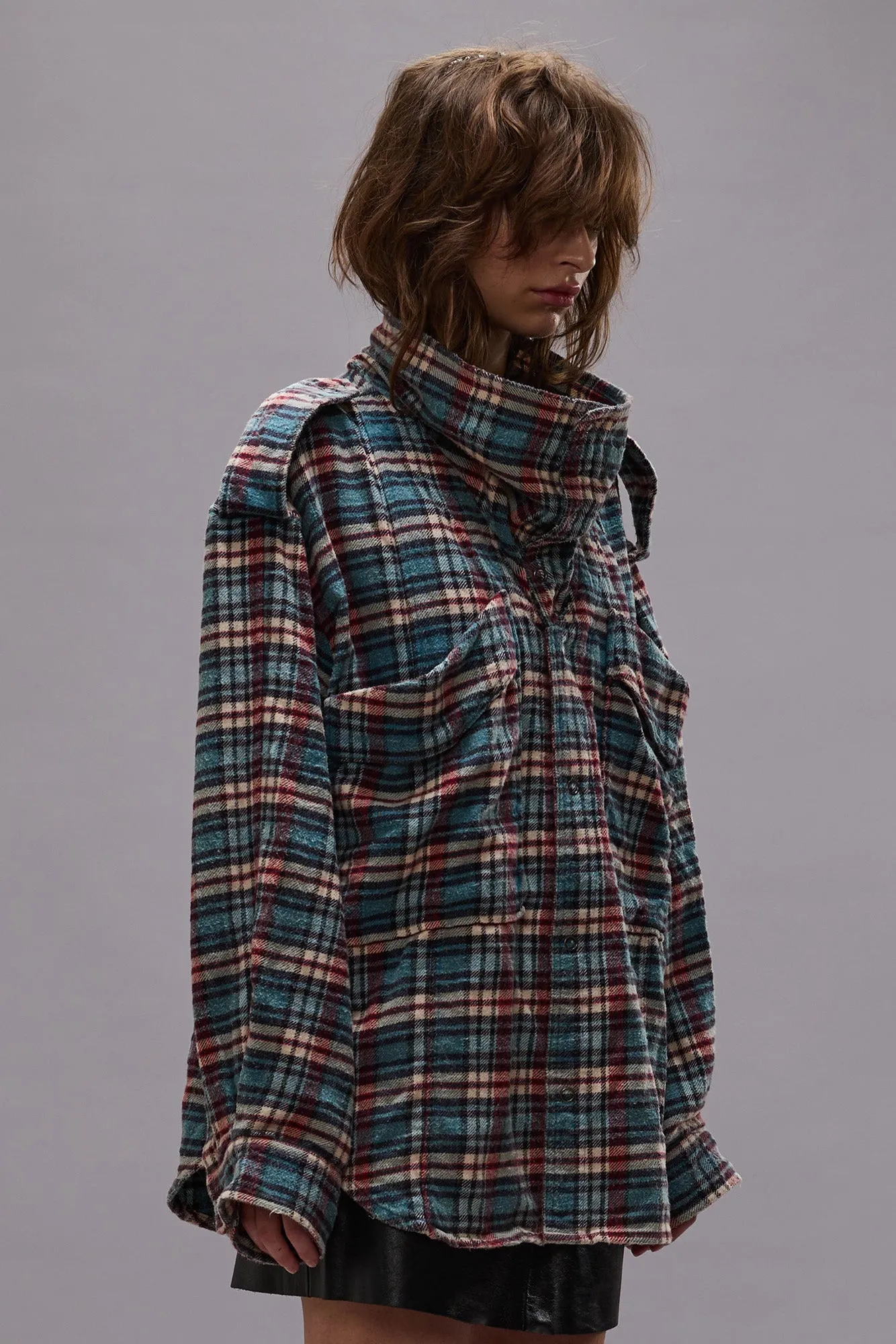 HIGH NECK SHIRT - BLUE PLAID