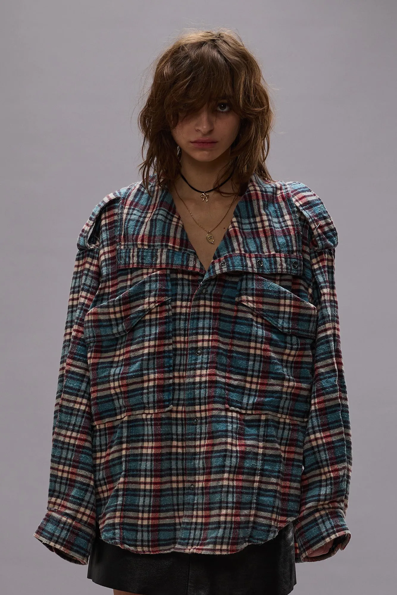 HIGH NECK SHIRT - BLUE PLAID