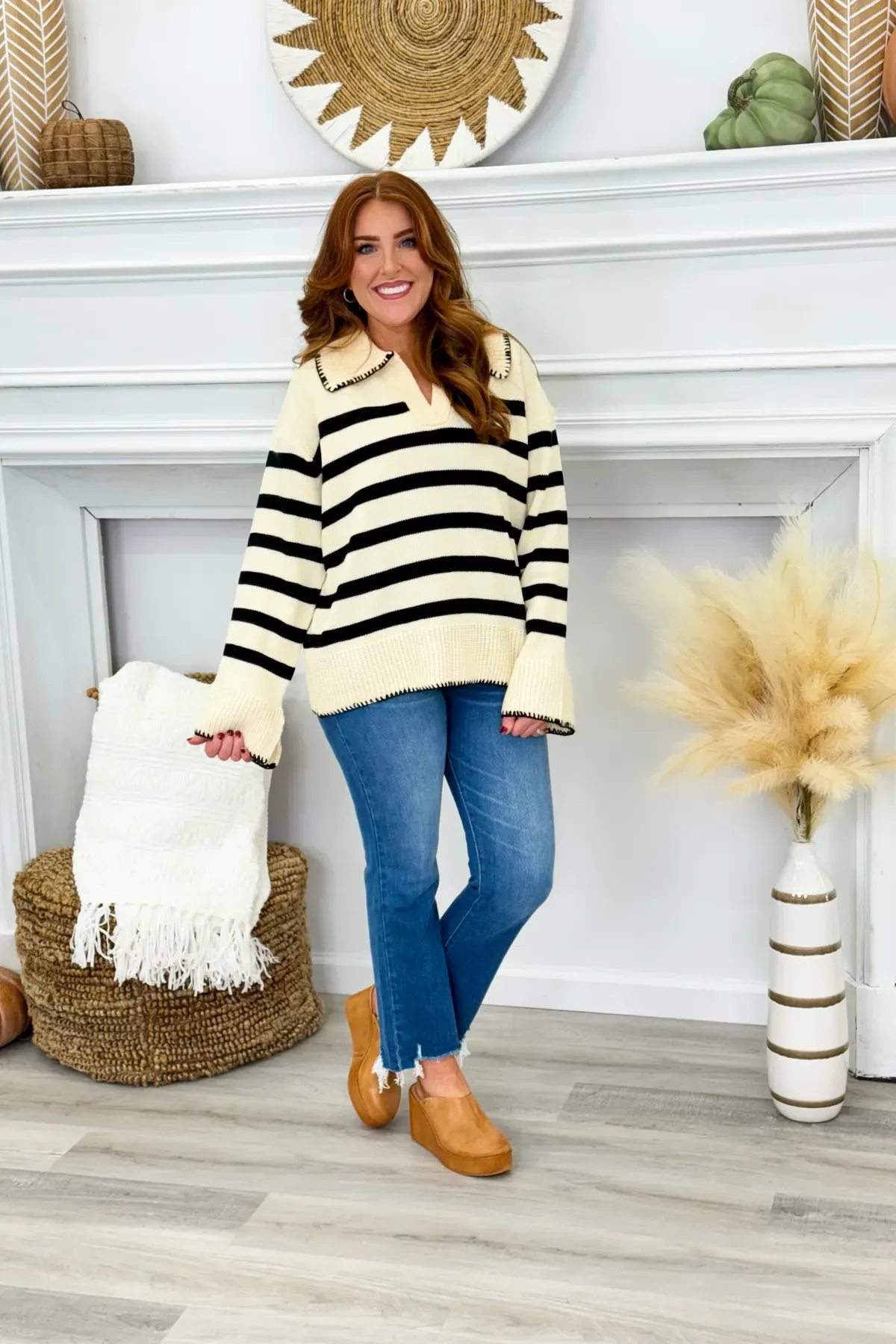 Ivory and Black Collar Knit Stripe Sweater