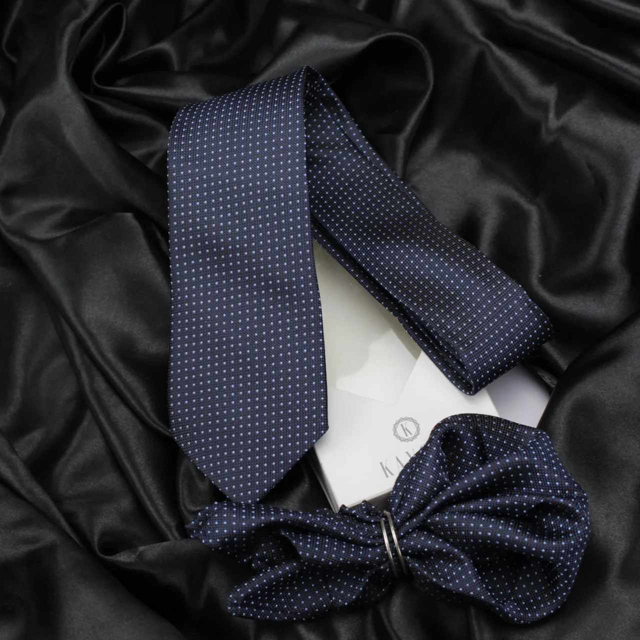 Kovove Graceful Blue Polka Dot Necktie and Pocket Square Gift Box