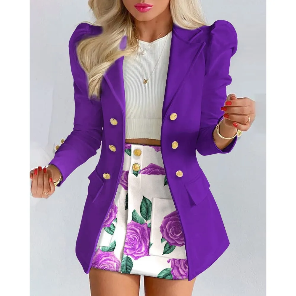 Lapel Collar Side Flap Pocket Blazer & Front Pockets Mini Skirt Set