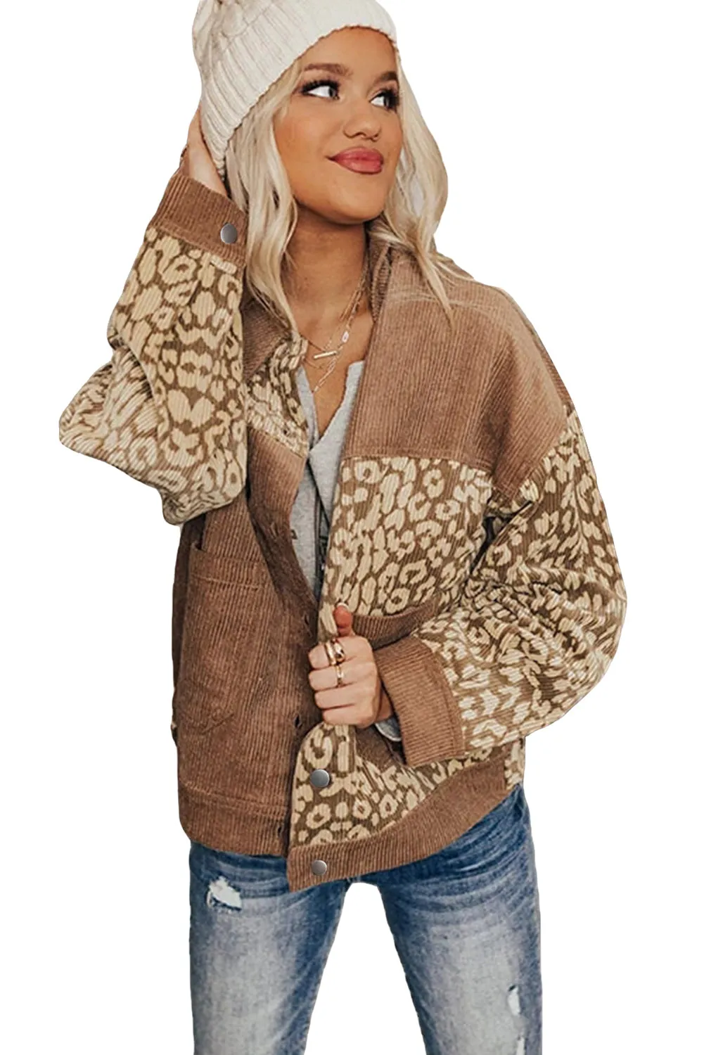 Leopard Print Corduroy Long Sleeve Jacket