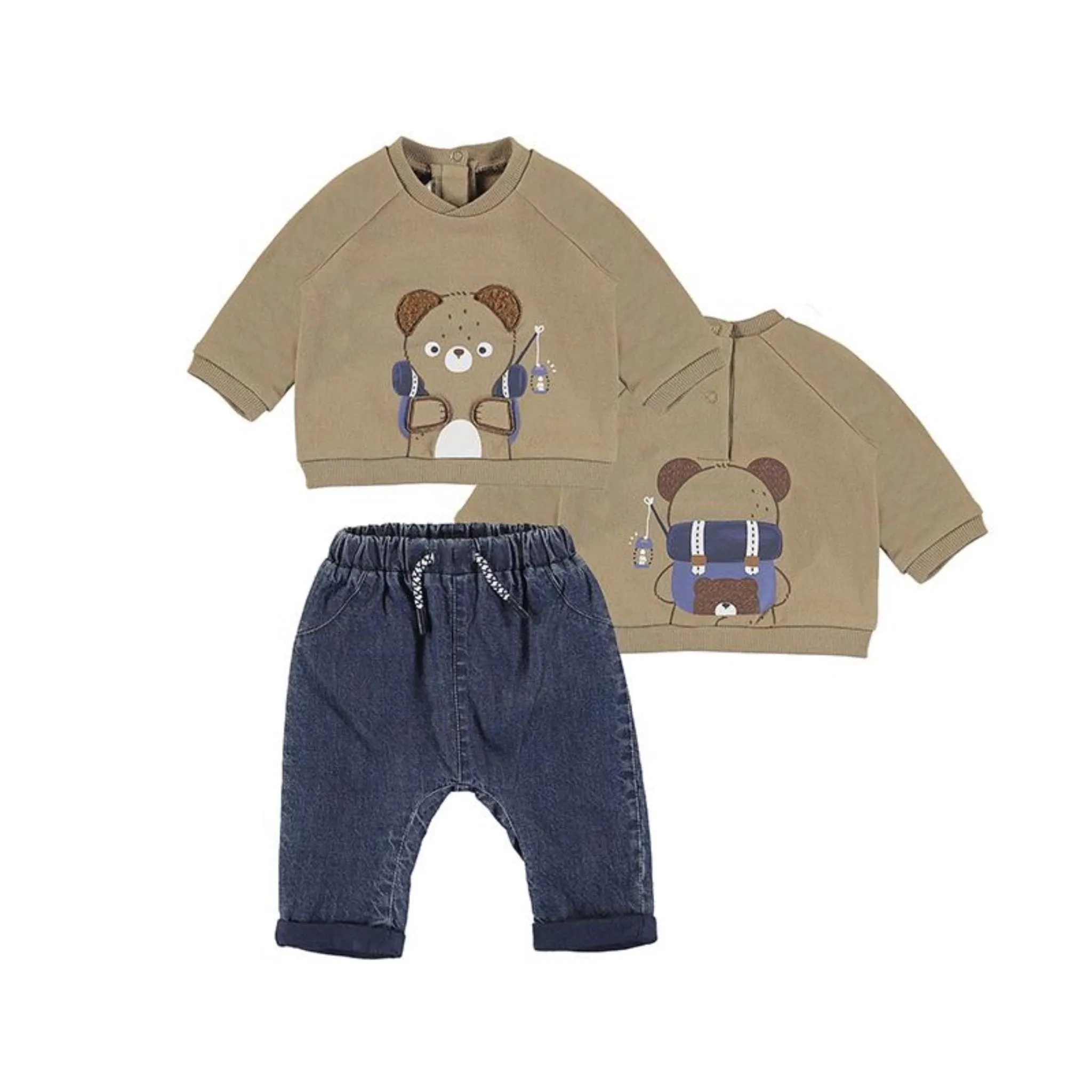 Mayoral Baby Boys Long Sleeve Brown Bear Shirt and Denim Pants Set