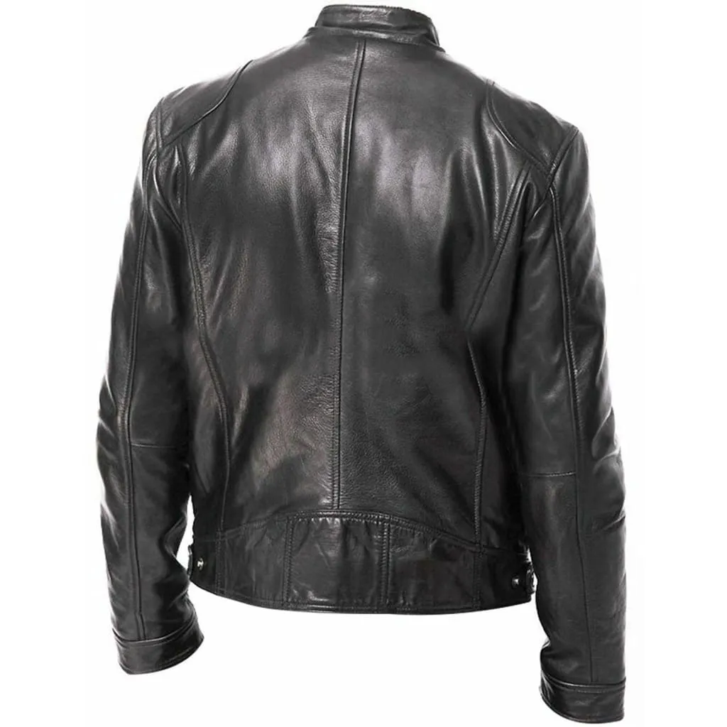 Men Zip Up Multi-Pocket PU Leather Moto Jacket