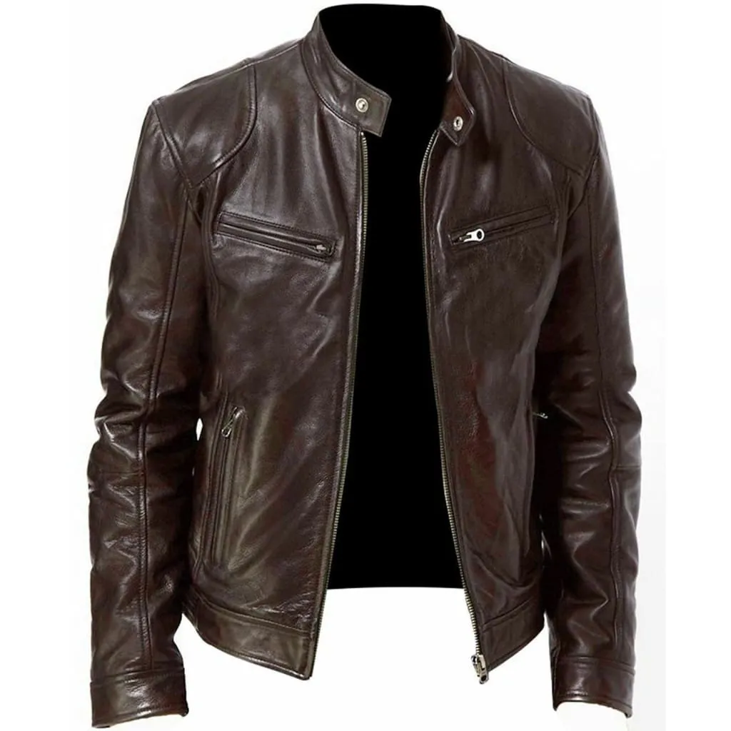 Men Zip Up Multi-Pocket PU Leather Moto Jacket