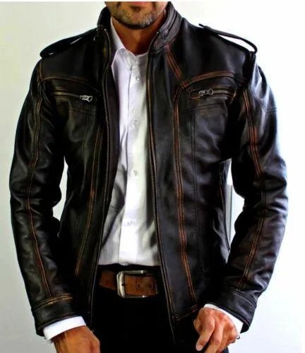 Mens Biker Motorcycle Vintage Cafe Racer Distressed Black Real Leather Jacket