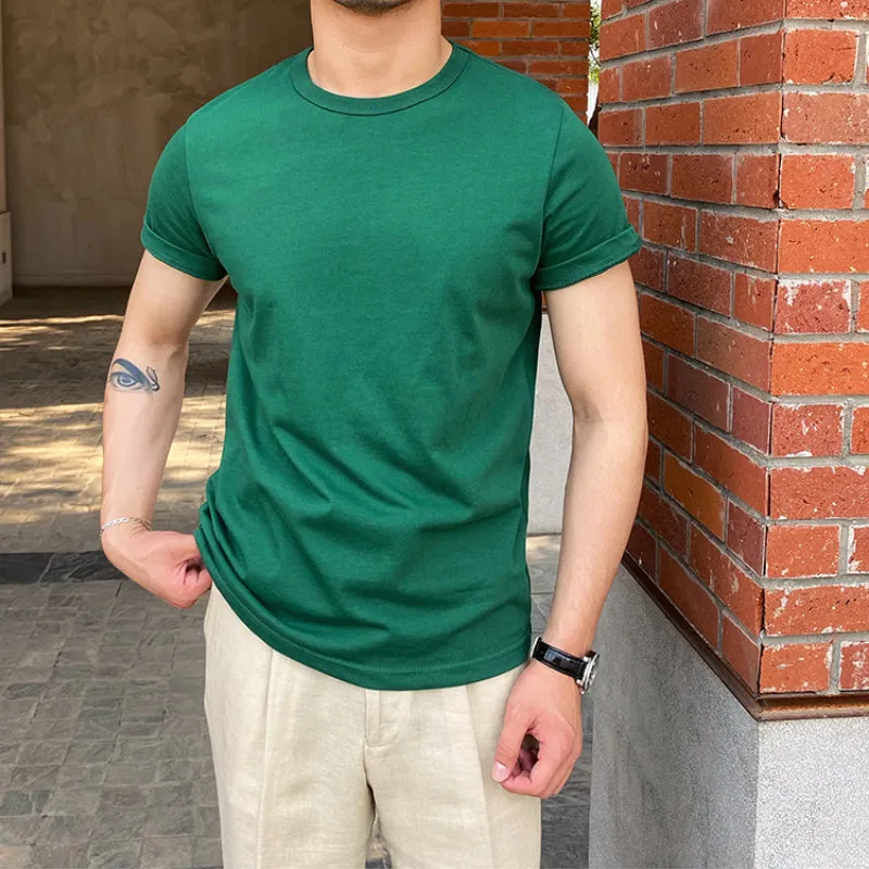 Men's British Business Round Neck Solid Color Casual All-match Short-sleeved T-shirt