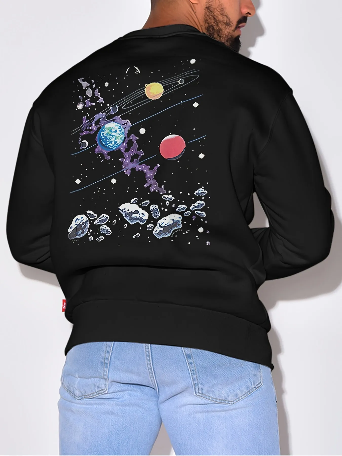 Men's Loose Fit Cartoon Cosmic Print Casual Solid Crew Neck Sweatshirts