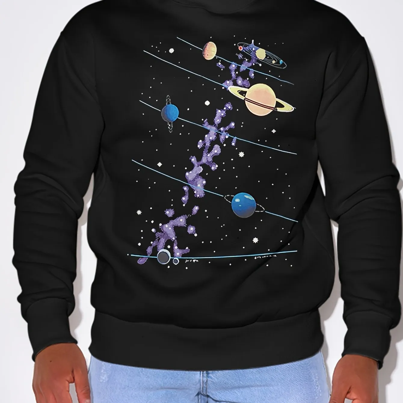 Men's Loose Fit Cartoon Cosmic Print Casual Solid Crew Neck Sweatshirts