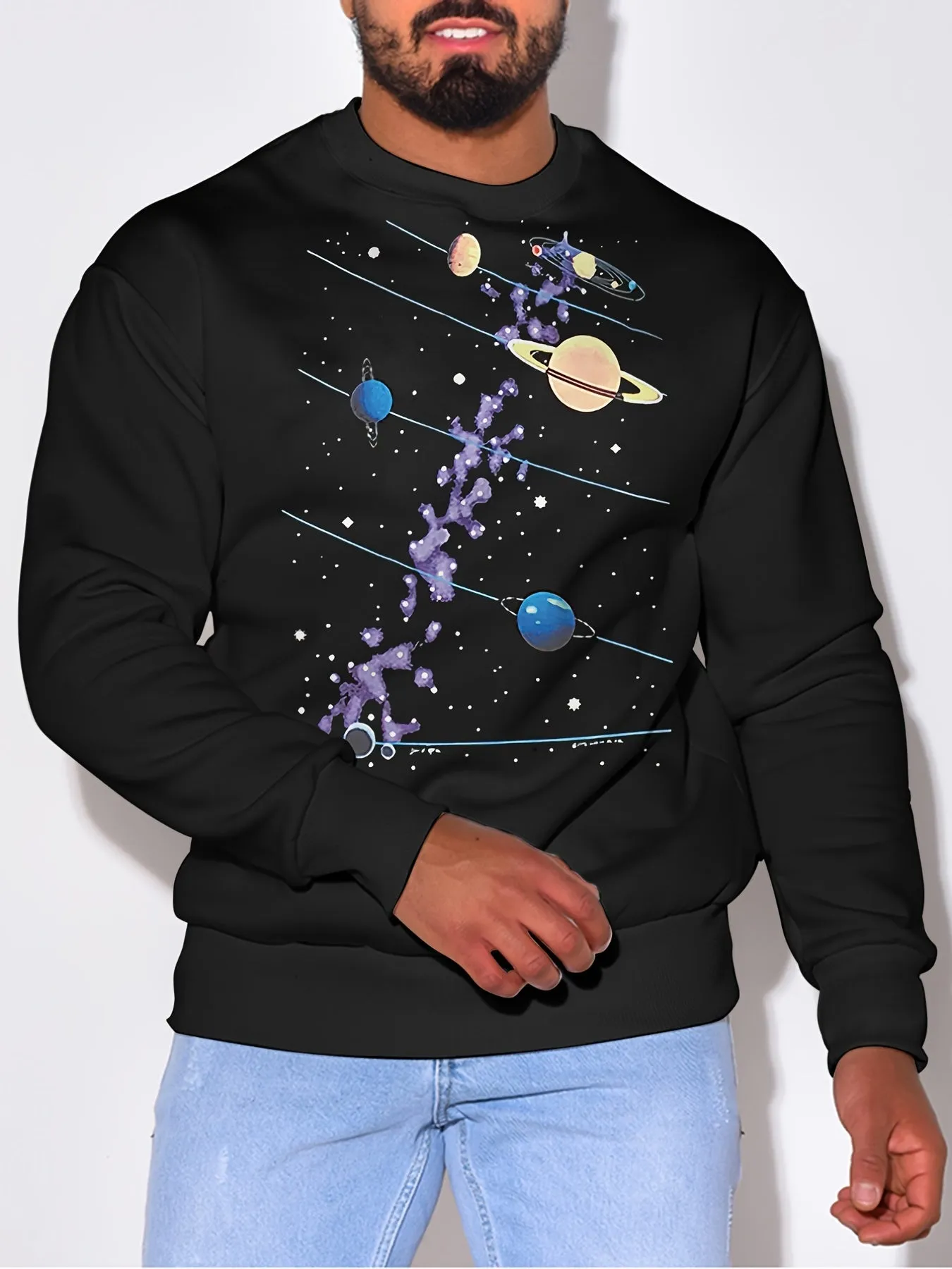 Men's Loose Fit Cartoon Cosmic Print Casual Solid Crew Neck Sweatshirts