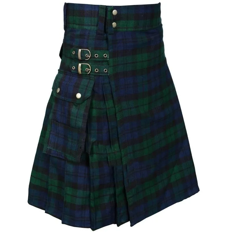 Men's Plaid Contrast Color Pocket Pleated Skirt