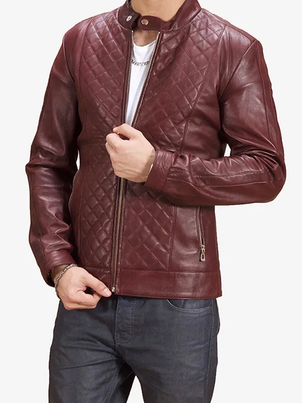 Men's Quilted Maroon Leather Biker Jacket