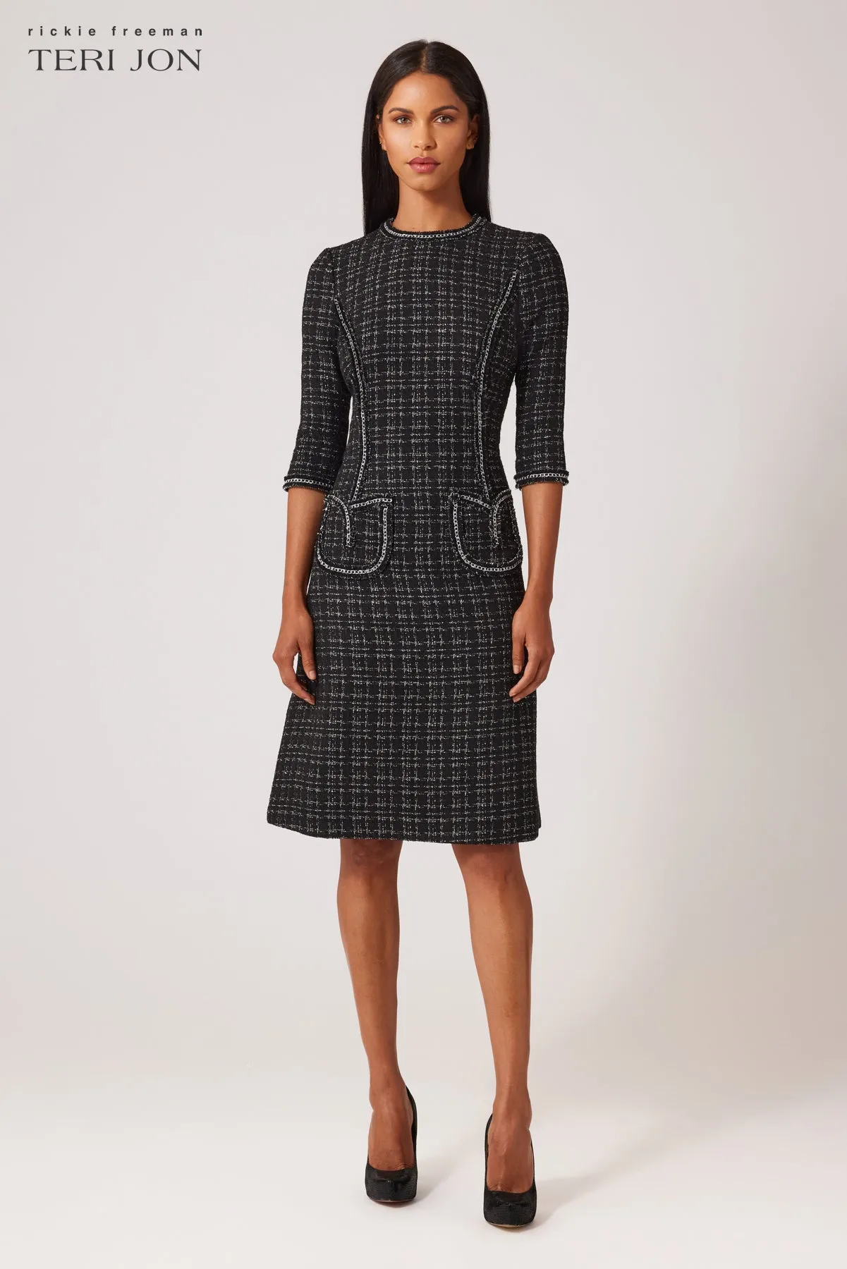 Metallic Plaid Boucle Chain Trim Dress