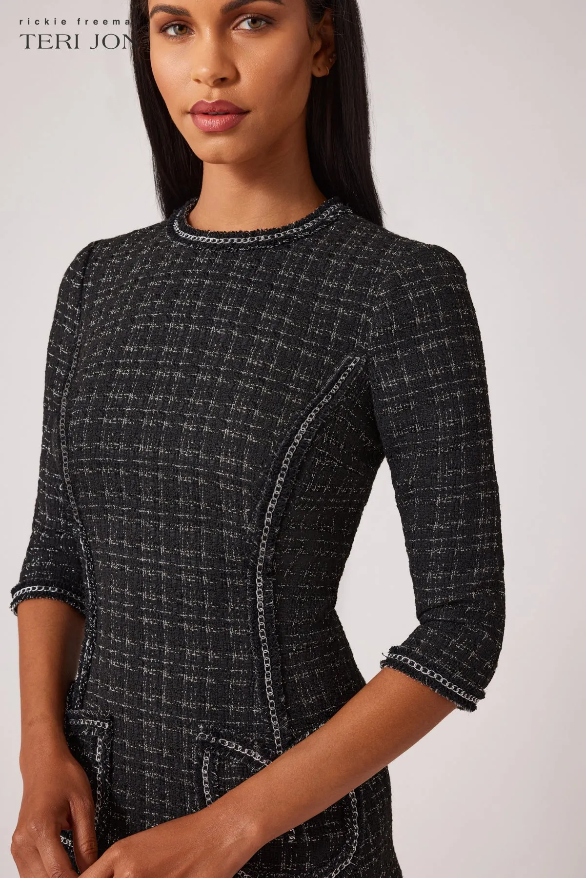 Metallic Plaid Boucle Chain Trim Dress