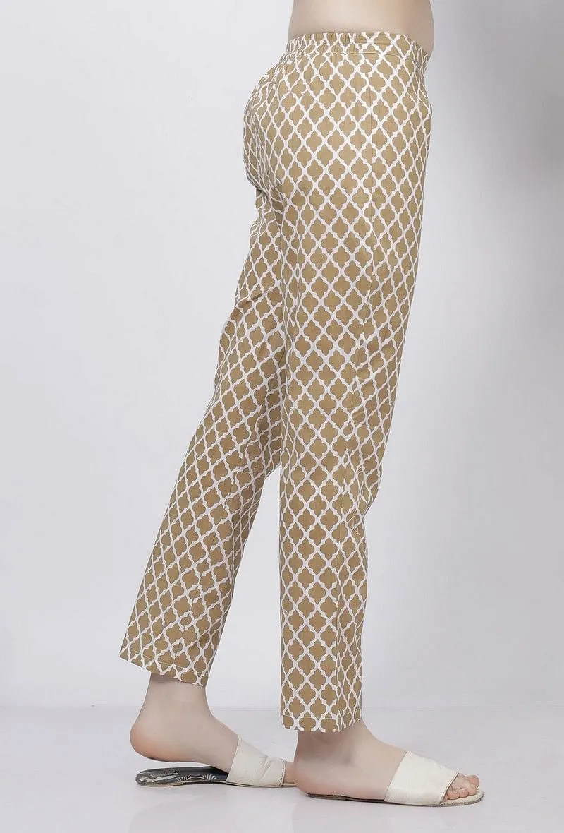 Muse Brown Quatrefoil Hand-Block Printed Cotton Pants