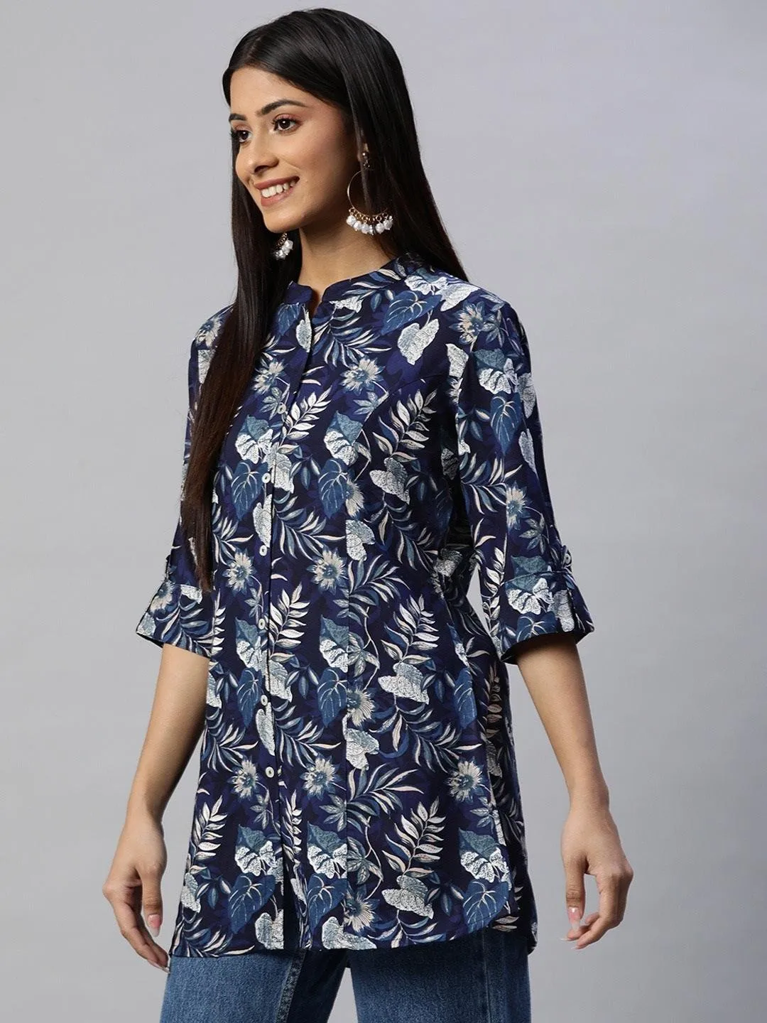 Navy Blue Rayon Printed Top