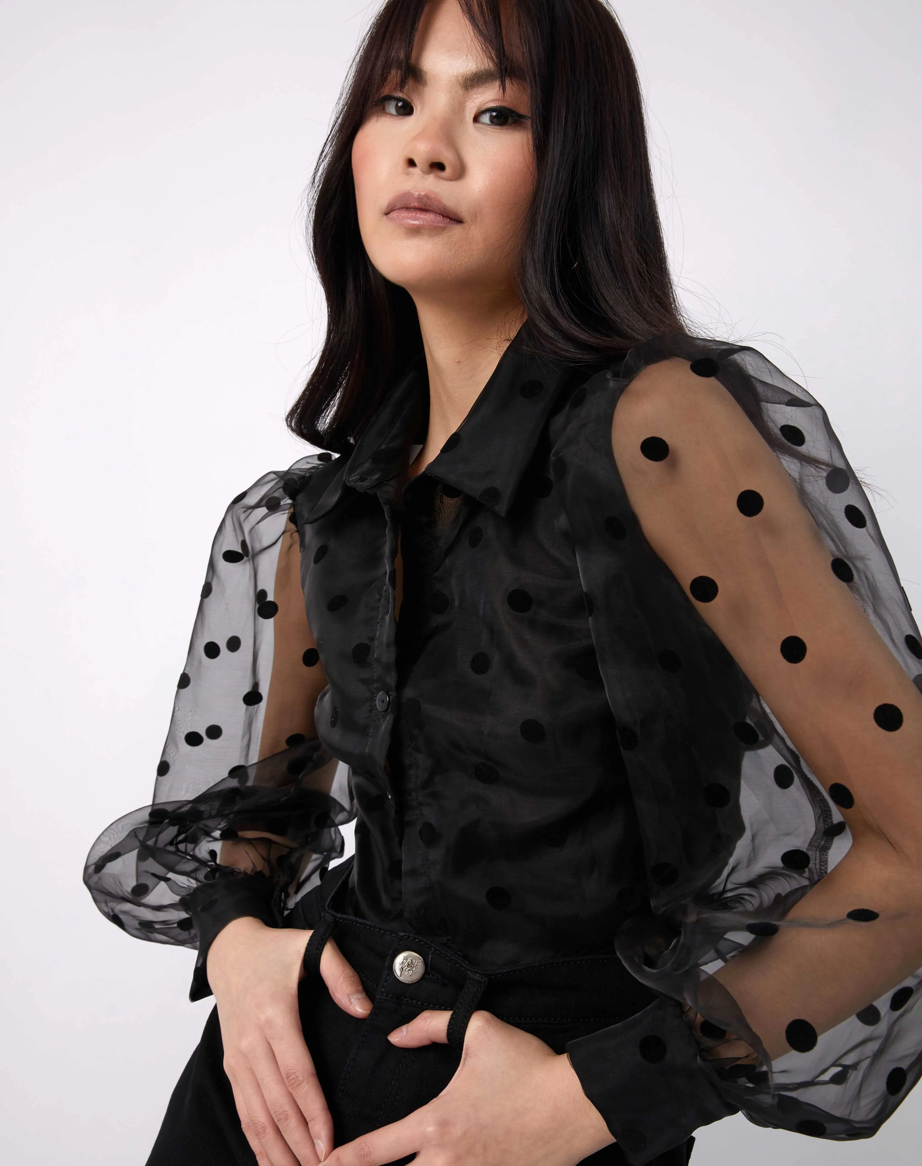 Open Back Collared Blouse in Black Spot | Fifi