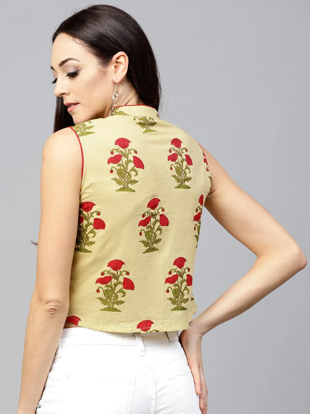 Pale Yellow Printed Top With Madarin Collar