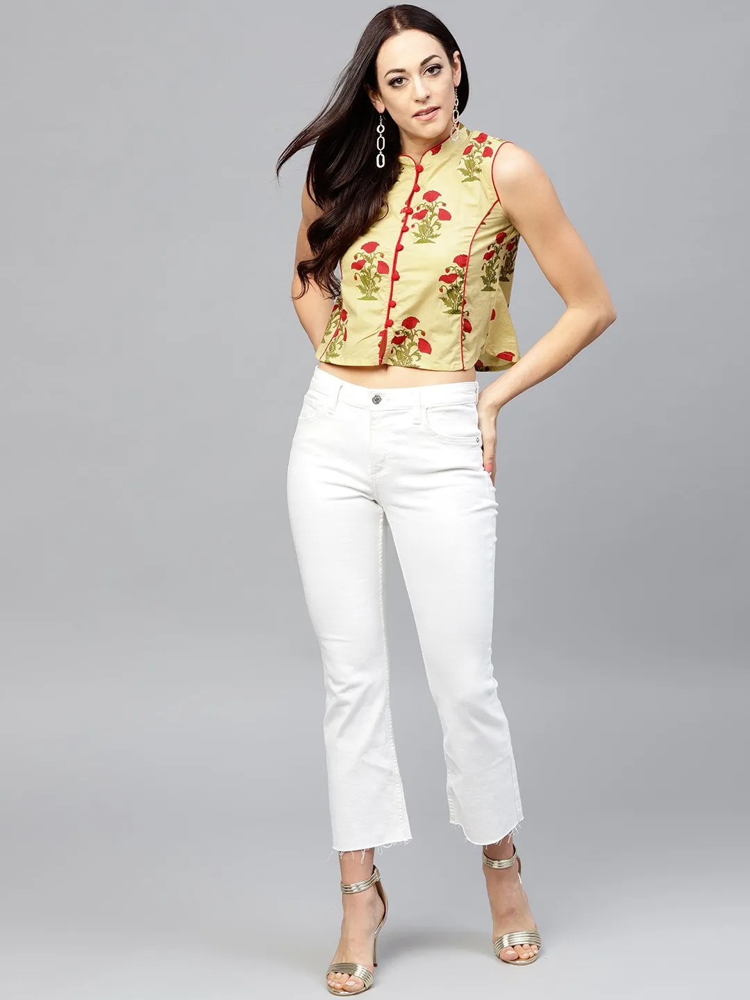 Pale Yellow Printed Top With Madarin Collar