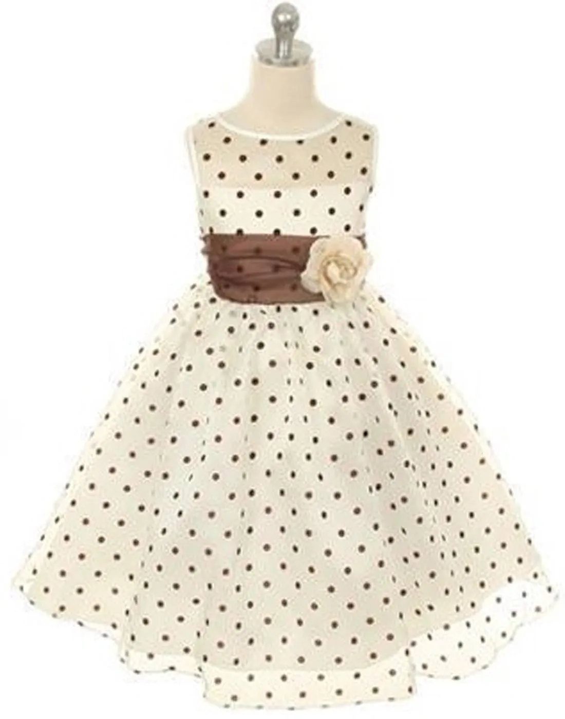 Polka Dot Organza Overlay Dress with an Organza Sash - Ivory / Brown