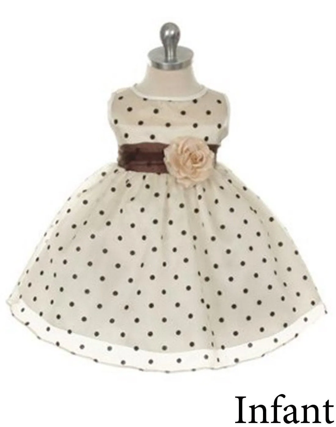 Polka Dot Organza Overlay Dress with an Organza Sash - Ivory / Brown