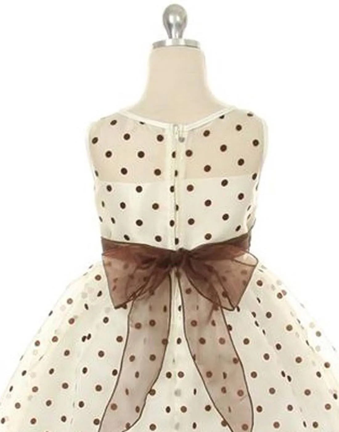 Polka Dot Organza Overlay Dress with an Organza Sash - Ivory / Brown