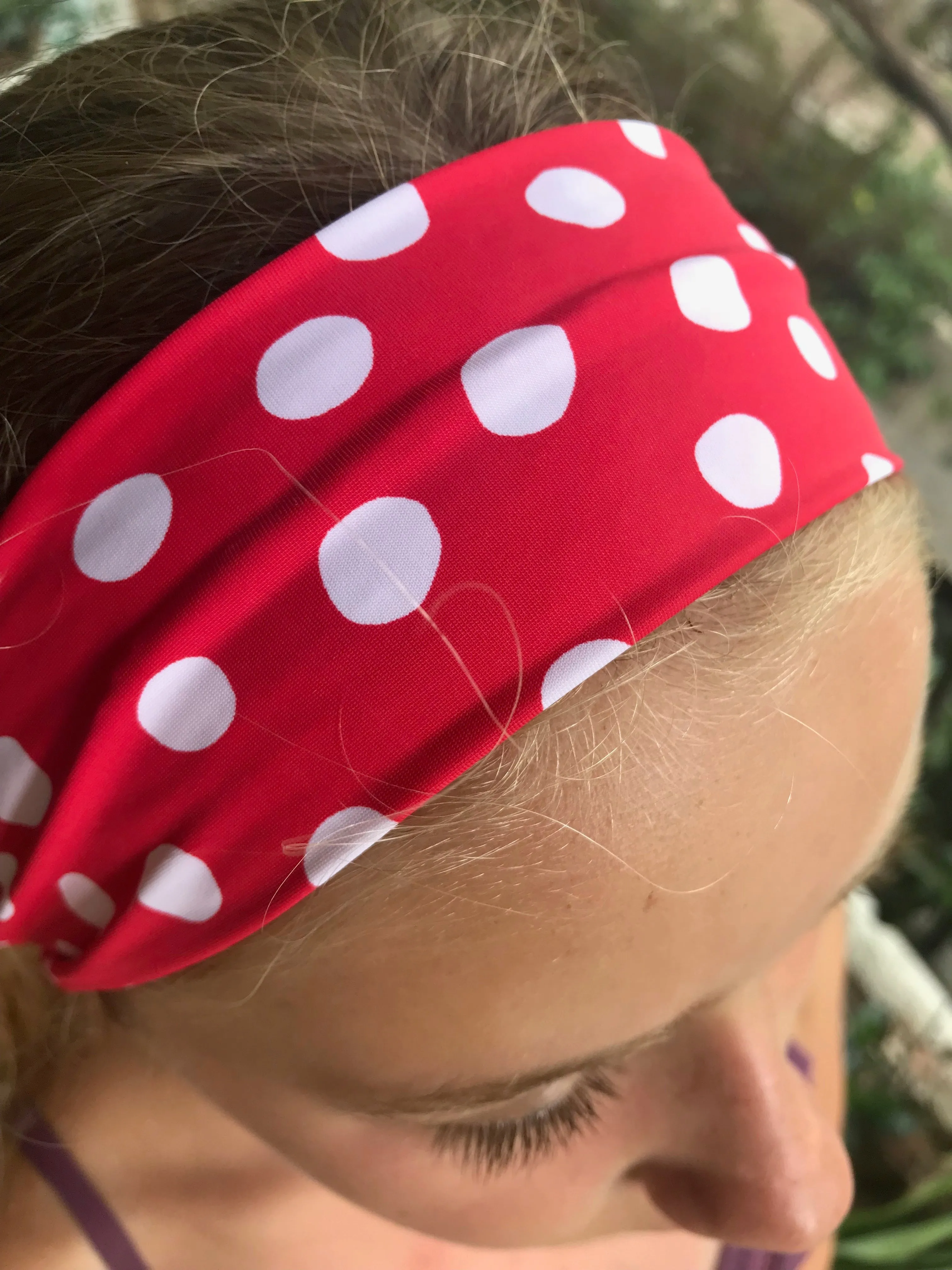 Red and white polka dot sports headband