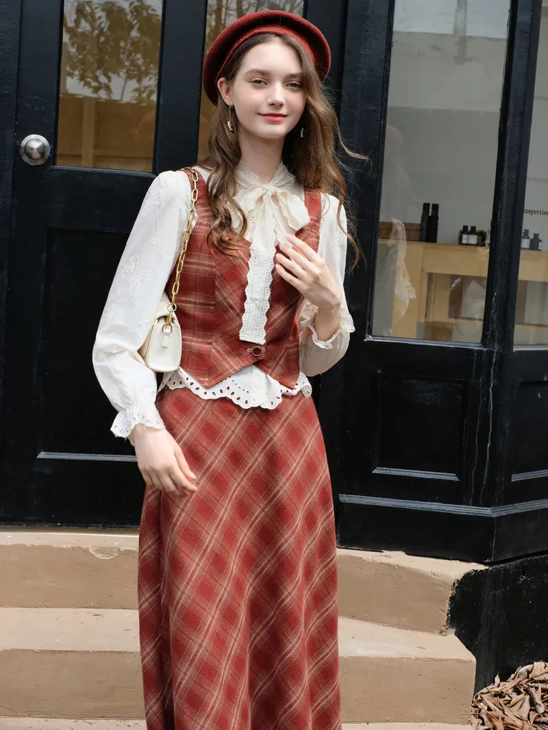 Retro Academia Blouse Plaid Vest Skirt Set