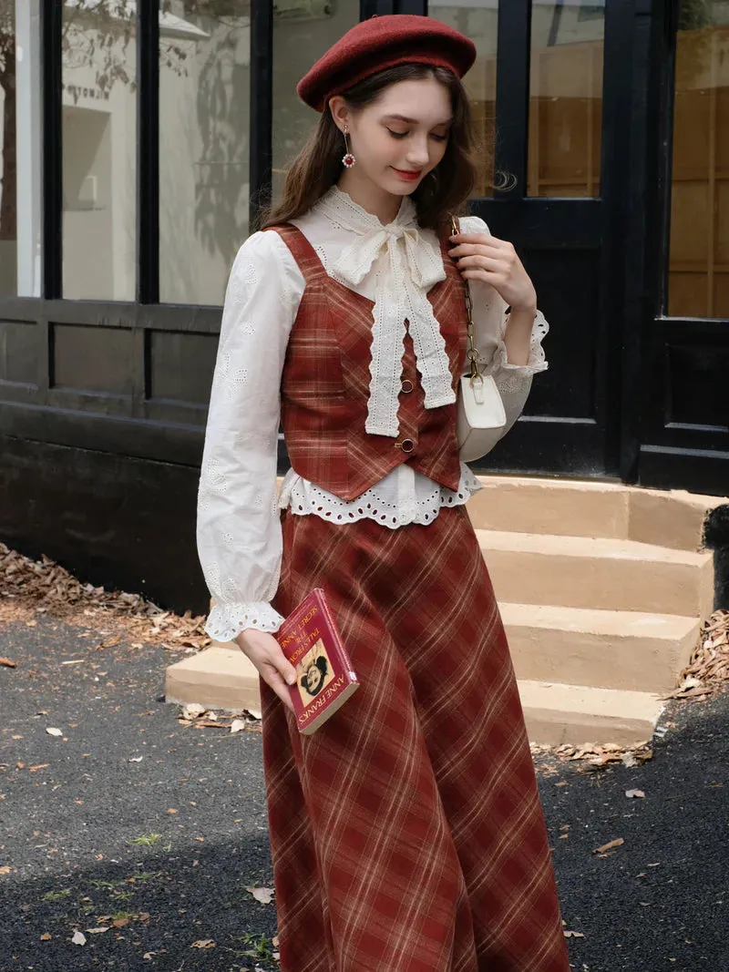 Retro Academia Blouse Plaid Vest Skirt Set