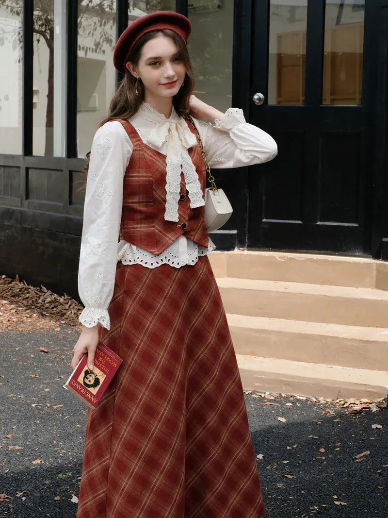 Retro Academia Blouse Plaid Vest Skirt Set