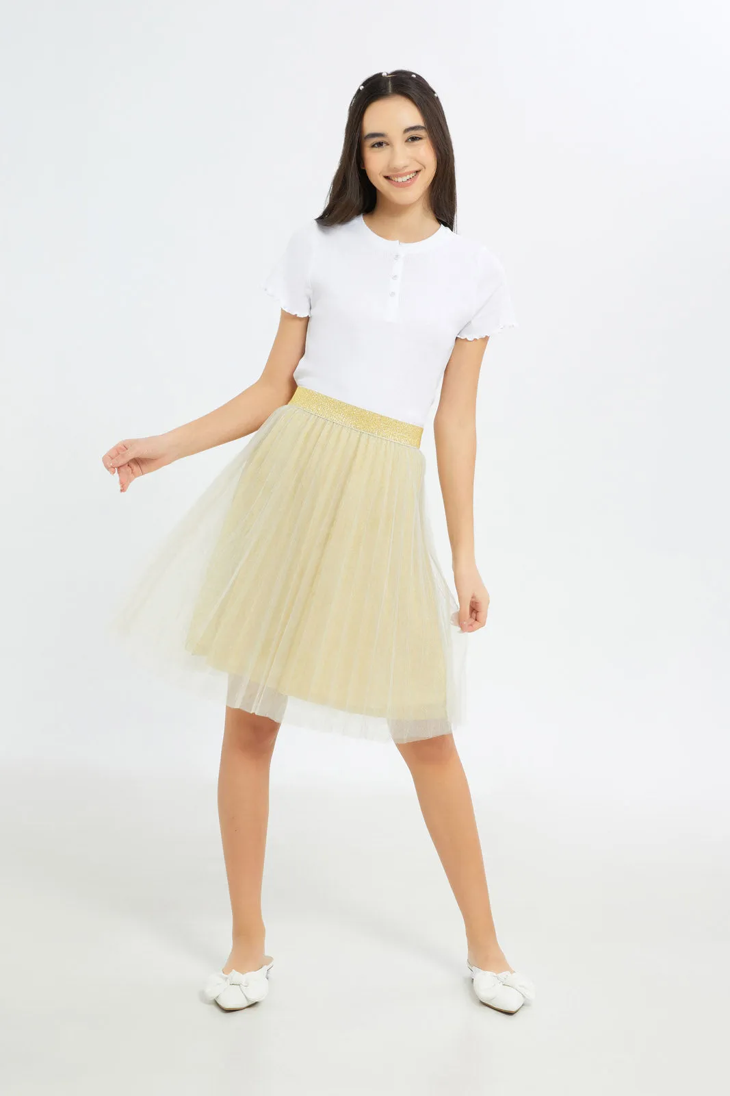 Senior Girls Gold Pleated Tulle Skirt