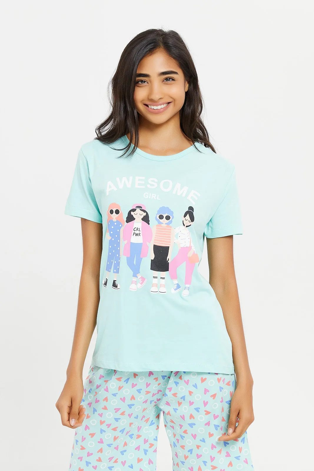 Senior Girls Teal Printed Pyjama Set (2 Piece)