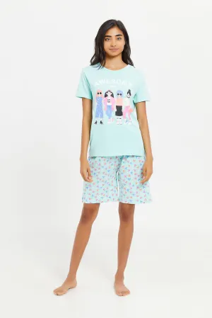 Senior Girls Teal Printed Pyjama Set (2 Piece)