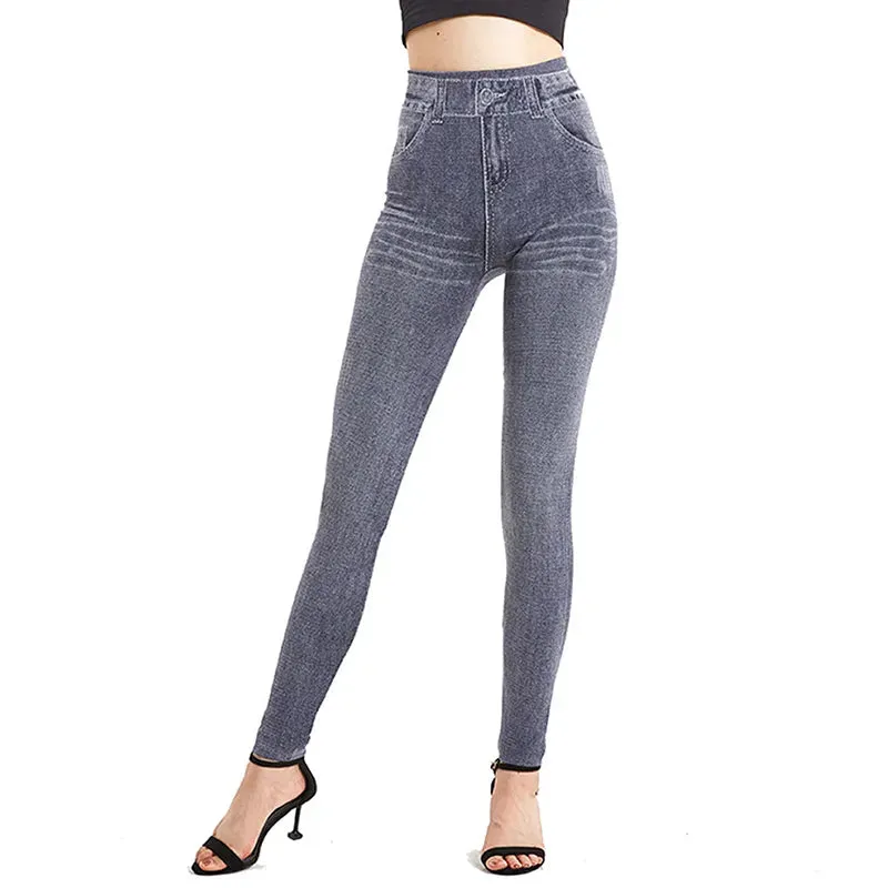 Slim Women Faux Denim Jeans Leggings Fitness Workout Pocket Printing Sports