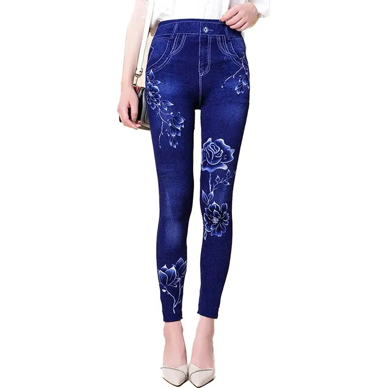 Slim Women Faux Denim Jeans Leggings Fitness Workout Pocket Printing Sports