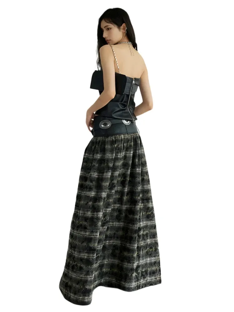 TEEK - Black Leathery Accent Plaid Long Skirt