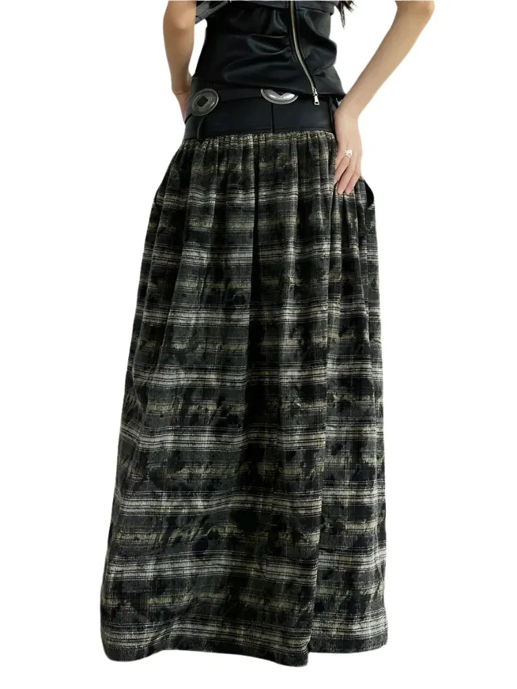 TEEK - Black Leathery Accent Plaid Long Skirt