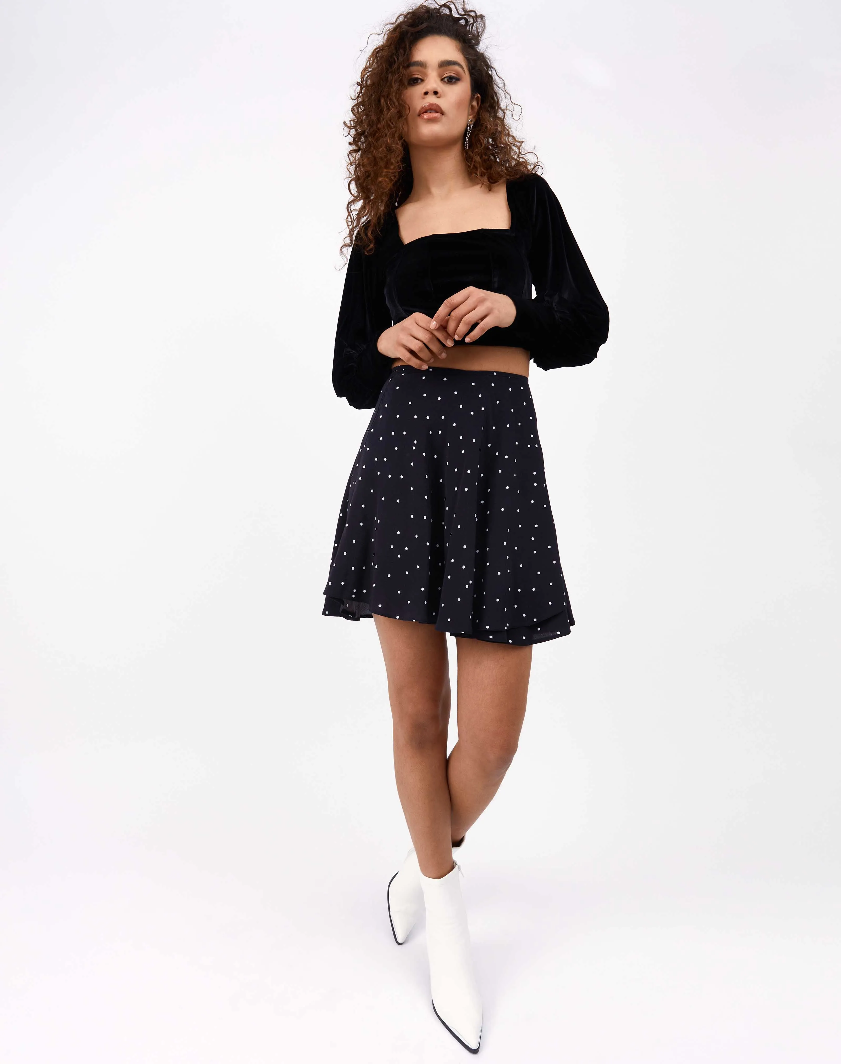 Tie Waist Mini Ballet Wrap Skirt in Black White Spot | Lois