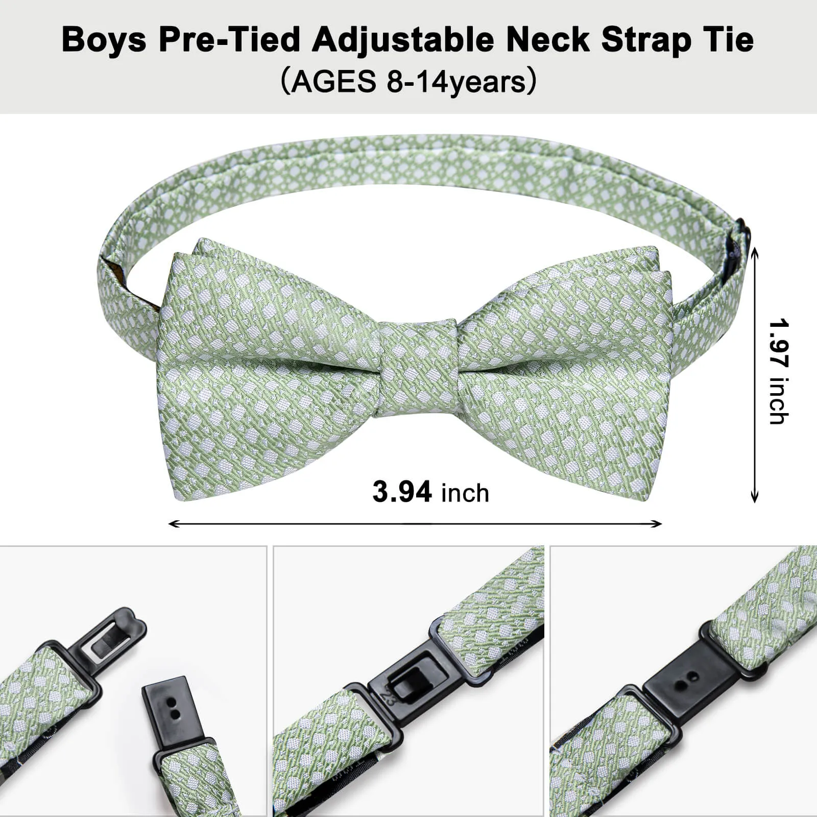 Ties2you Kids Bow Tie Light Green White Square Dots Silk Bow Tie Hanky Set