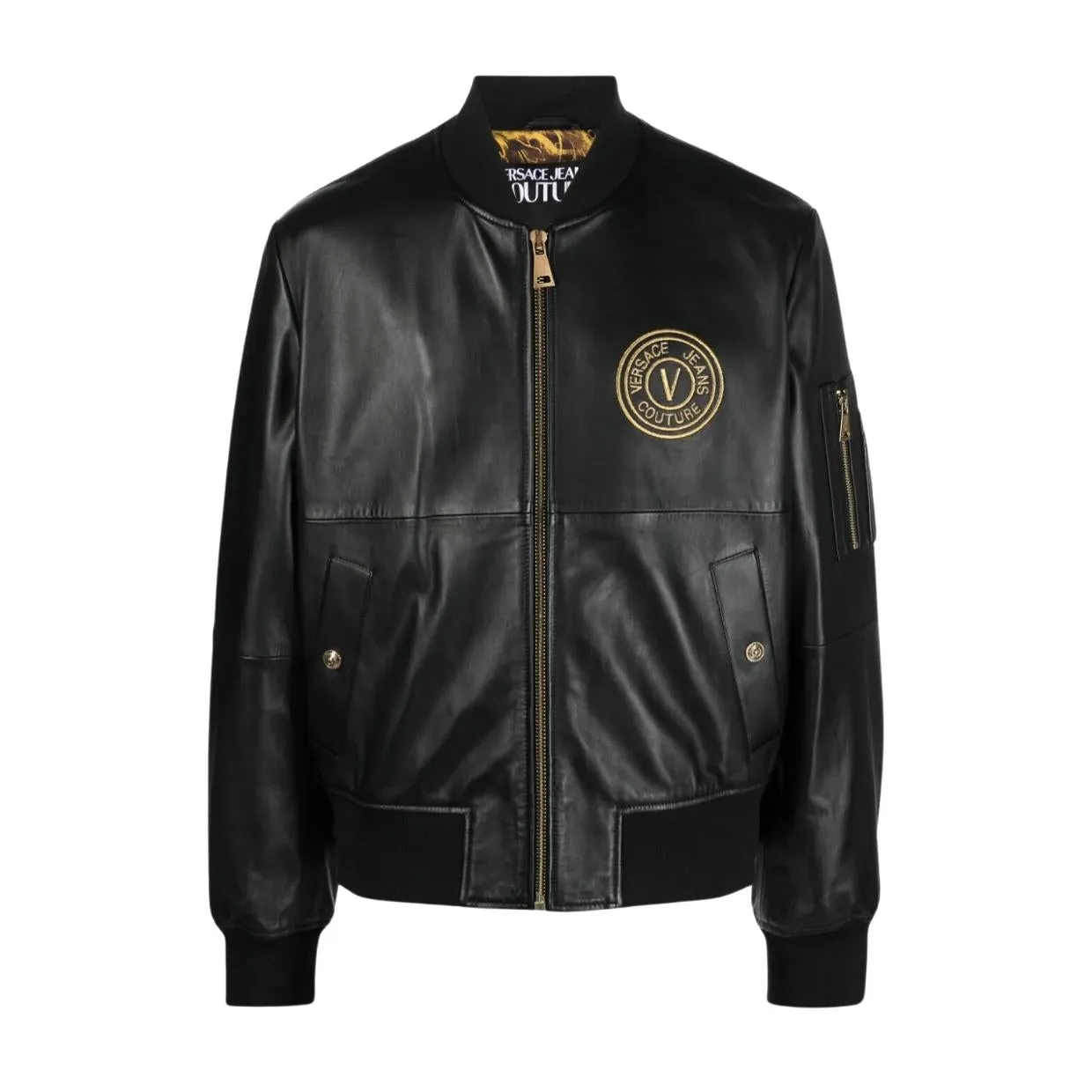 Versace Jeans Couture V Emblem Logo Black Leather Jacket